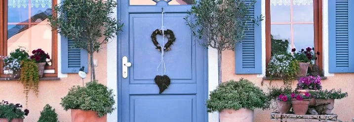 Blaue Haustür mit Pflanzen